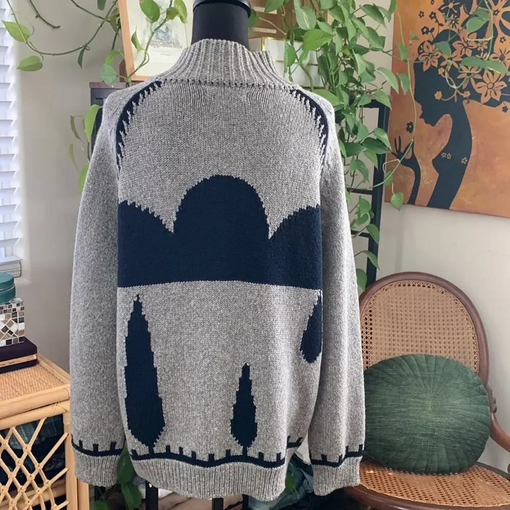 M.i.H Jeans London Gray & Navy Wool Knit Button Up Forest Tree Cardigan Sweater